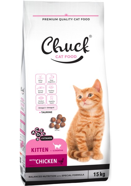 Yavru Kediler Için Tam ve Dengeli Tavuklu Kedi Maması 15 kg Chuck Kitten Tavuk Etli Kuru Mama