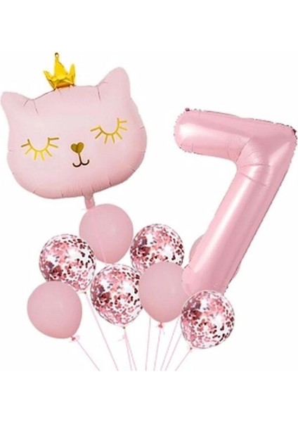 Taçlı Pembe Kedi 7 Yaş Folyo Balon Set