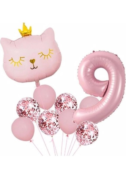 Taçlı Pembe Kedi 9 Yaş Folyo Balon Set