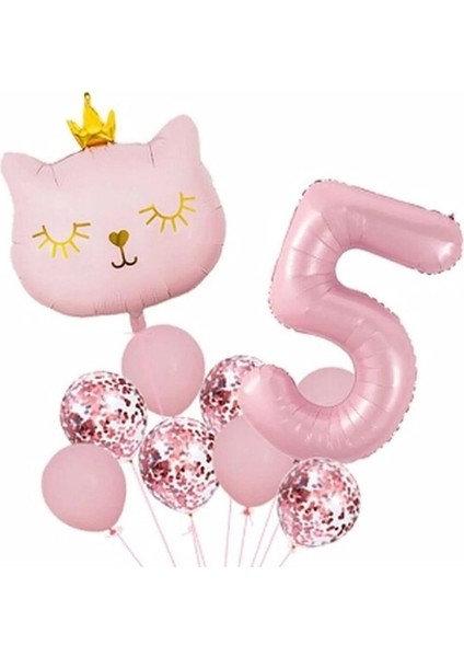 Taçlı Pembe Kedi 5 Yaş Folyo Balon Set