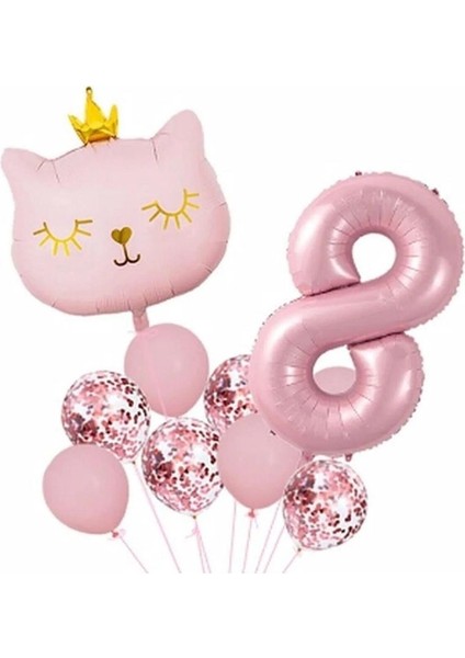 Taçlı Pembe Kedi 8 Yaş Folyo Balon Set