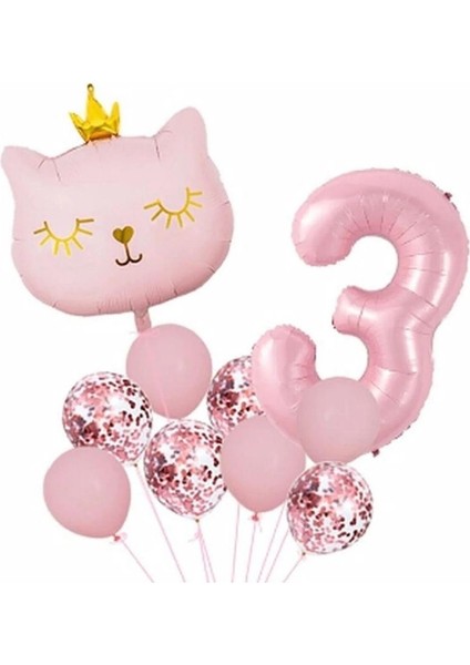 Taçlı Pembe Kedi 3 Yaş Folyo Balon Set