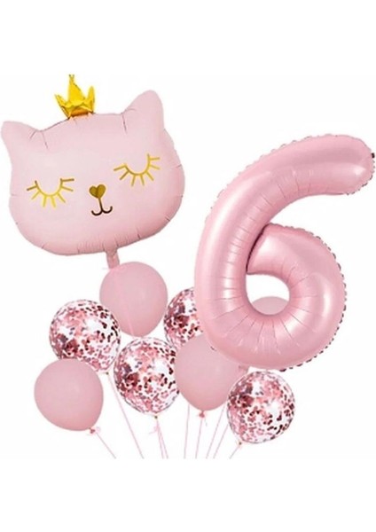 Taçlı Pembe Kedi 6 Yaş Folyo Balon Set