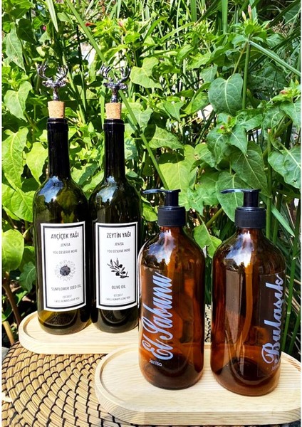 Ahşap Standlı 2'li Siyah Geyik Tıpalı 750 ml + 2'li 500 ml Amber Yağdanlık Sabunluk Set