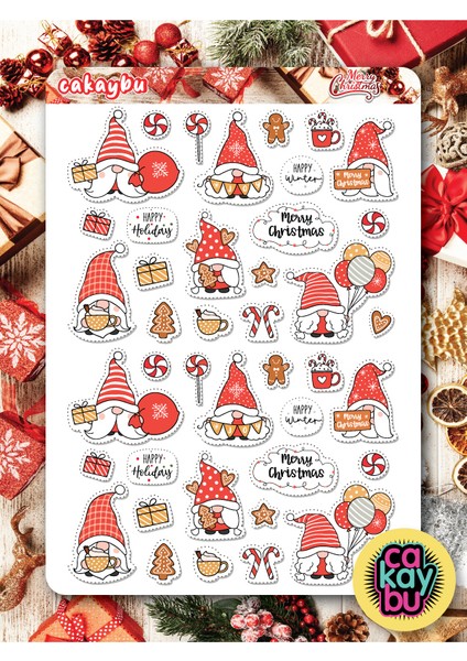 Merry Christmass Gnomes Sticker Set A4 Boyutunda 1 Sayfa