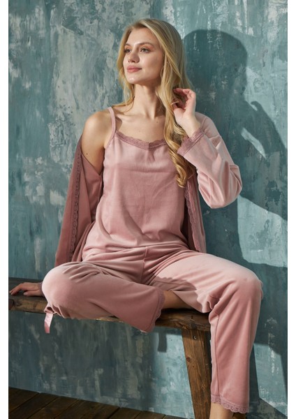 Kadın Fransız Kadife Ip Askılı Sabahlıklı Dantel Detaylı Pijama Takımı 3lü Set