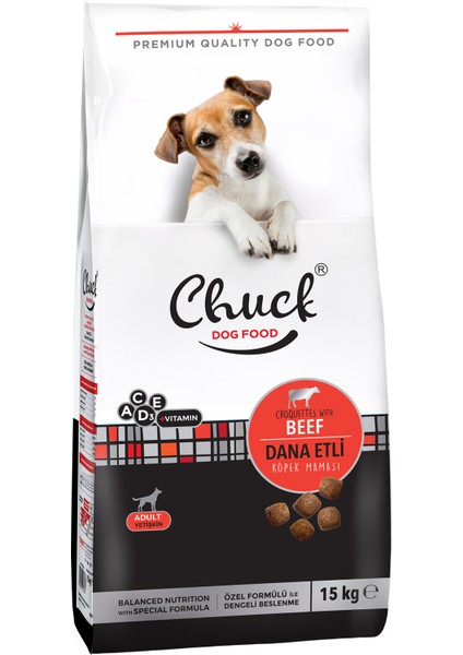 Yetişkin Köpekler Için Tam ve Dengeli Biftekli Köpek Maması 15 kg Chuck Dana Etli Köpek Kuru Maması