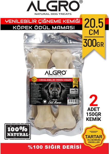 Doğal Ödül Kemiği %100 Sığır Derisi 20,5 cm 150 Gr. x 2 Adet Pakette Yenilebilir Çiğneme Kemiği