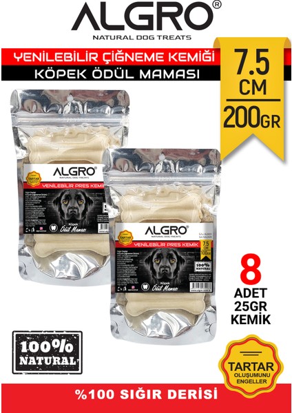 Doğal Ödül Kemiği %100 Sığır Derisi 7,5 cm 25 Gr. x 8 Adet Pakette Yenilebilir Çiğneme Kemiği
