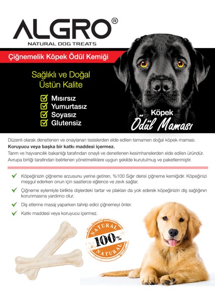 Doğal Ödül Kemiği %100 Sığır Derisi 7,5 cm 25 Gr. x 8 Adet Pakette Yenilebilir Çiğneme Kemiği