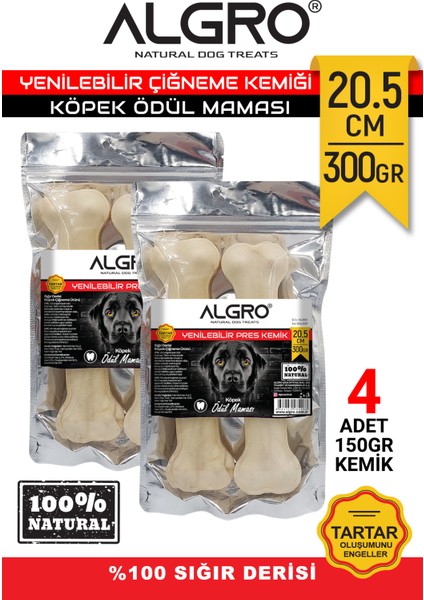Doğal Ödül Kemiği %100 Sığır Derisi 20,5 cm 150 Gr.x4 Adet Yenilebilir Çiğneme Kemiği 2li Paket