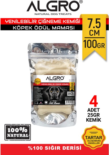 Doğal Ödül Kemiği %100 Sığır Derisi 7,5 cm 25 Gr. x 4 Adet Pakette Yenilebilir Çiğneme Kemiği