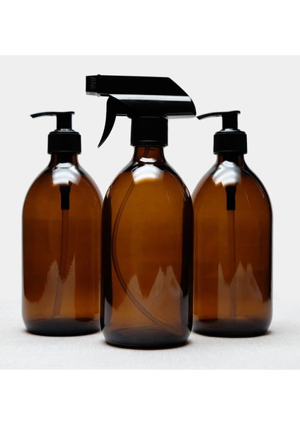 500 ml Amber Cam Sıvı Sabunluk ve Sprey Şişe 3 Adet
