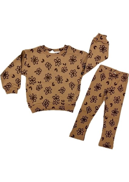 Çiçekli Kahverengi Sweat Tayt Ikili Takım