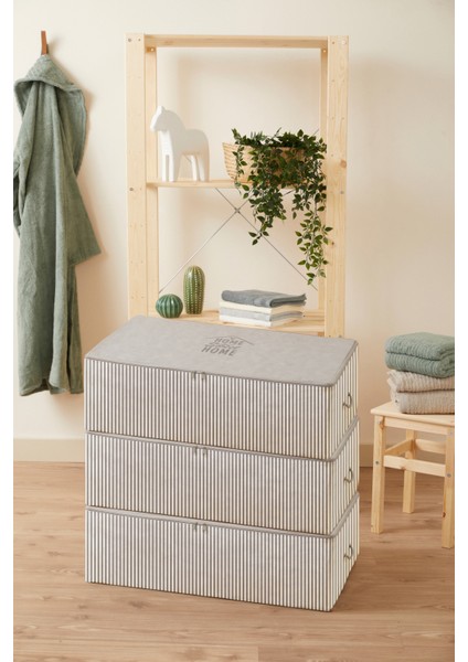 Renklibebek Hurç 3 Lü Mega Boy Gri Çizgili Baza Altı Modern Organizer Çeyiz Tela Hurç ~ Ölçü: 3 x (74X46X22)