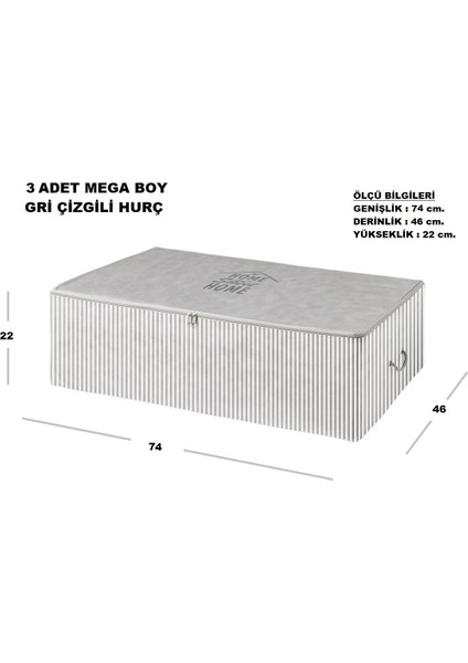 Renklibebek Hurç 3 Lü Mega Boy Gri Çizgili Baza Altı Modern Organizer Çeyiz Tela Hurç ~ Ölçü: 3 x (74X46X22)