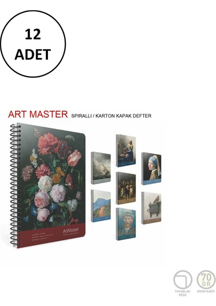 Art Master Spiralli Karton Kapak 19 x 26 cm Çizgili 100 Yaprak 12 Adet