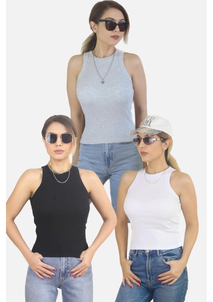 Kadın 3’lü Premium Doku Pamuklu Fitilli Atlet Beyaz, Siyah , Gri