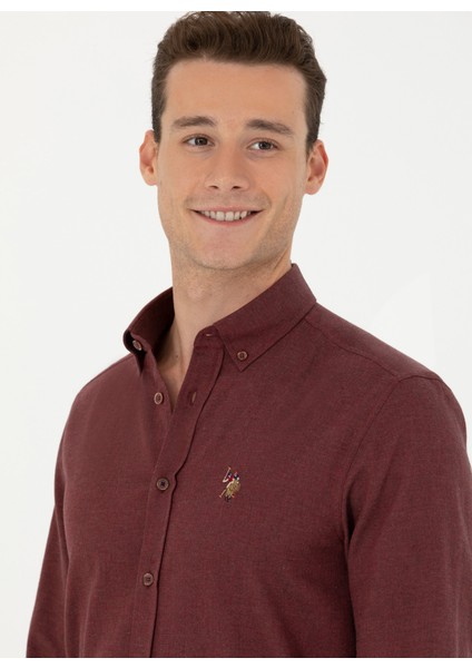Slim Fit Düğmeli Yaka Bordo Erkek Gömlek AKIS023K fiyatları