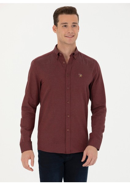 Slim Fit Düğmeli Yaka Bordo Erkek Gömlek AKIS023K modelleri