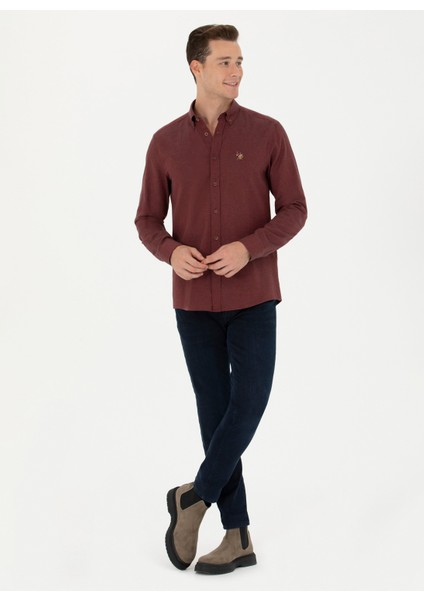 Slim Fit Düğmeli Yaka Bordo Erkek Gömlek AKIS023K fırsatları