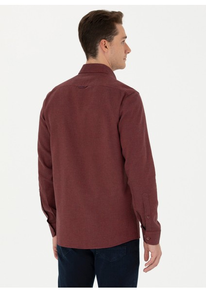 Slim Fit Düğmeli Yaka Bordo Erkek Gömlek AKIS023K indirimleri