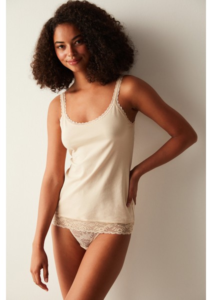 Cotton Dantel Detaylı Bej Atlet