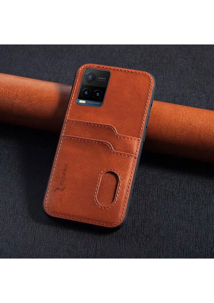 Vivo Y33S Uyumlu Kılıf Zebana Kartlıklı Lüx Deri Kılıf Kahverengi