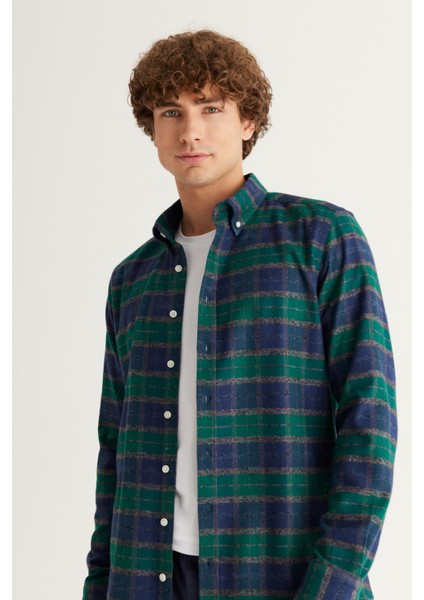 ALTINYILDIZ CLASSICS Erkek Yeşil-Lacivert Slim Fit Dar Kesim Düğmeli Yaka %100 Pamuk Oduncu Gömlek fiyatları