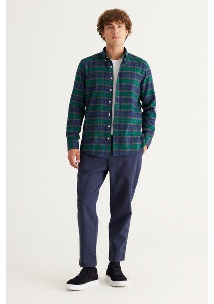ALTINYILDIZ CLASSICS Erkek Yeşil-Lacivert Slim Fit Dar Kesim Düğmeli Yaka %100 Pamuk Oduncu Gömlek modelleri