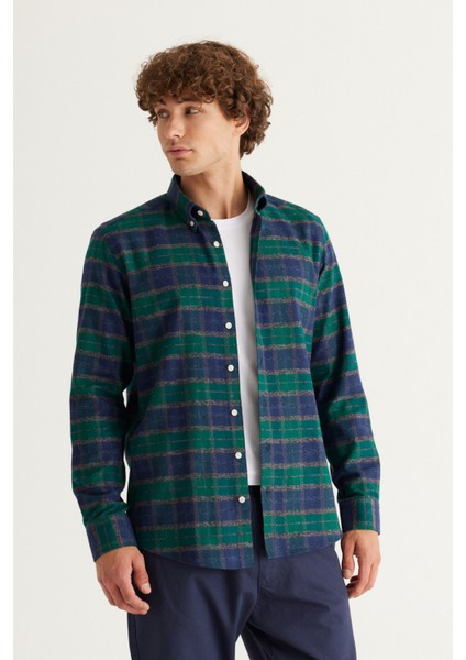 ALTINYILDIZ CLASSICS Erkek Yeşil-Lacivert Slim Fit Dar Kesim Düğmeli Yaka %100 Pamuk Oduncu Gömlek fırsatları