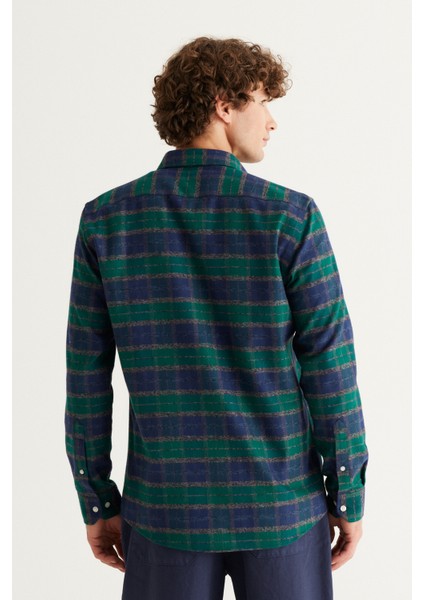 ALTINYILDIZ CLASSICS Erkek Yeşil-Lacivert Slim Fit Dar Kesim Düğmeli Yaka %100 Pamuk Oduncu Gömlek indirimleri