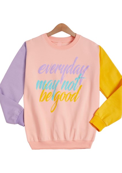 Kız Çocuk Everyday Yazı Desenli Kolları Renk Bloklu Somon Sweatshirt