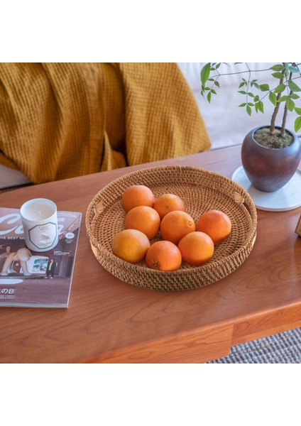 Rattan El Dokuma Yuvarlak Yüksek Duvar Kesme Tepsisi Gıda Saklama Plakası Kahvaltı, Içecek, Atıştırmalık Için Kulplar (2'li Set: S+L) (Yurt Dışından)