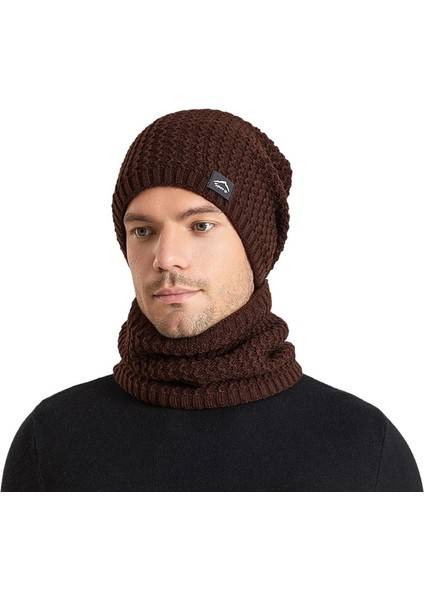 Kış Artı Kadife Sıcak Örme Şapka Erkek Soğuğa Dayanıklı Kulak Koruyucu Şapka ve Atkı Seti (Yurt Dışından)