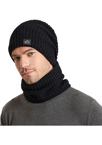 Kış Artı Kadife Sıcak Örme Şapka Erkek Soğuğa Dayanıklı Kulak Koruyucu Şapka ve Atkı Seti (Yurt Dışından)