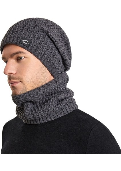 Kış Artı Kadife Sıcak Örme Şapka Erkek Soğuğa Dayanıklı Kulak Koruyucu Şapka ve Atkı Seti (Yurt Dışından)