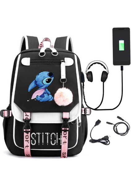 Yeni Lilo Stitch Stitch Stitch USB Şarj Edilebilir Okul Çantası Erkek ve Kadın Öğrenci Sırt Çantası Sırt Çantası (Yurt Dışından)