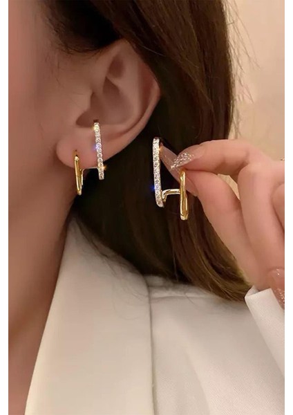 Kadın Gold Zirkon Taş Vip Küpe Earcuff