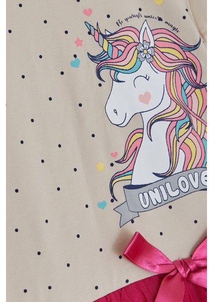 Kız Çocuk Elbise Unicorn Baskılı Tüllü Fiyonklu 3-8 Yaş, Bej fırsatları