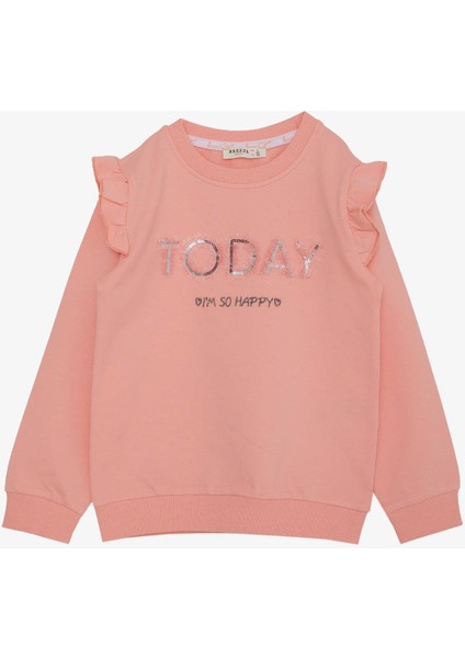 Kız Çocuk Sweatshirt Pullu Simli Yazı Baskılı 3-8 Yaş, Somon