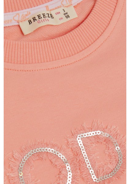 Kız Çocuk Sweatshirt Pullu Simli Yazı Baskılı 3-8 Yaş, Somon