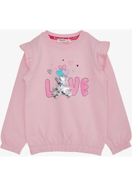 Kız Çocuk Sweatshirt Pullu Ayıcık Aksesuarlı Simli Yazı Baskılı 1.5-5 Yaş, Pembe
