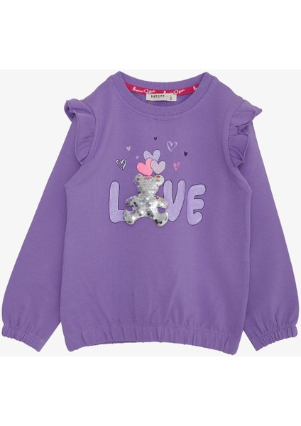 Kız Çocuk Sweatshirt Pullu Ayıcık Aksesuarlı Simli Yazı Bazkılı 1.5-5 Yaş, Eflatun