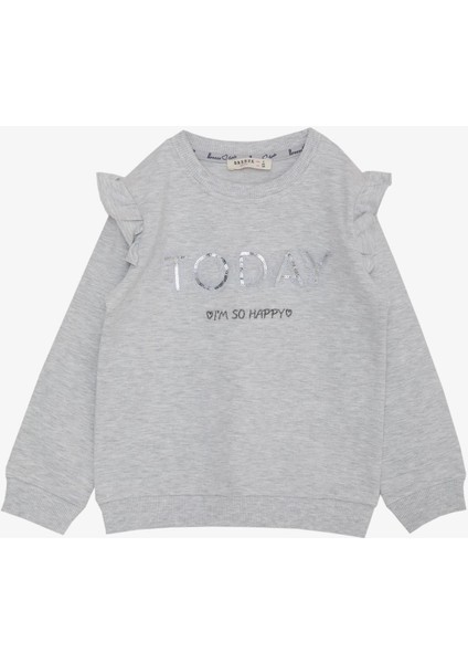 Kız Çocuk Sweatshirt Pullu Simli Yazı Baskılı 3-8 Yaş, Açık Gri Melanj