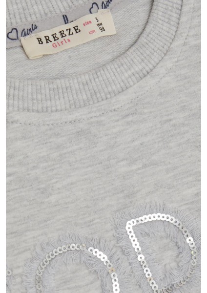 Kız Çocuk Sweatshirt Pullu Simli Yazı Baskılı 3-8 Yaş, Açık Gri Melanj
