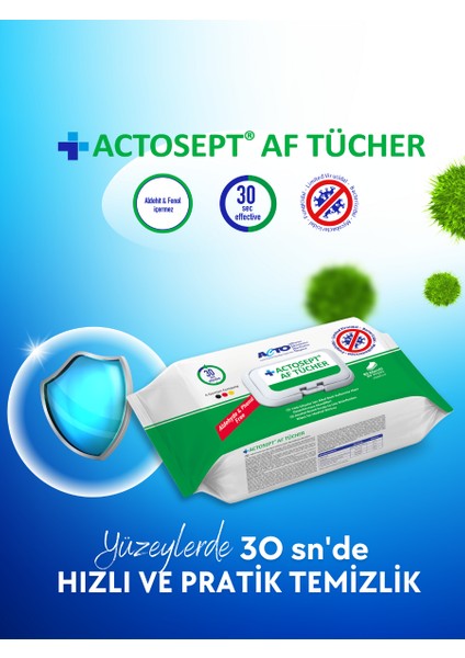 Actosept® Af Tücher 80 Pcs 2 Adet | Yüzeyler Için Alkol Bazlı Kullanıma Hazır Dezenfeksiyon Mendili