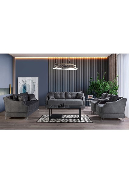 Almoda Çekyatlı Koltuk Takımı Koyu Gri 3+3+1+1