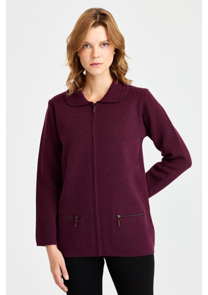 Kadın Polo Yaka Cebi Fermuarlı Yün Hırka K.mürdüm