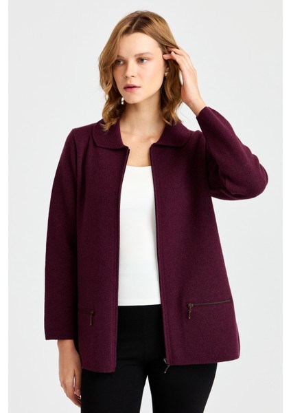 Kadın Polo Yaka Cebi Fermuarlı Yün Hırka K.mürdüm fiyatları